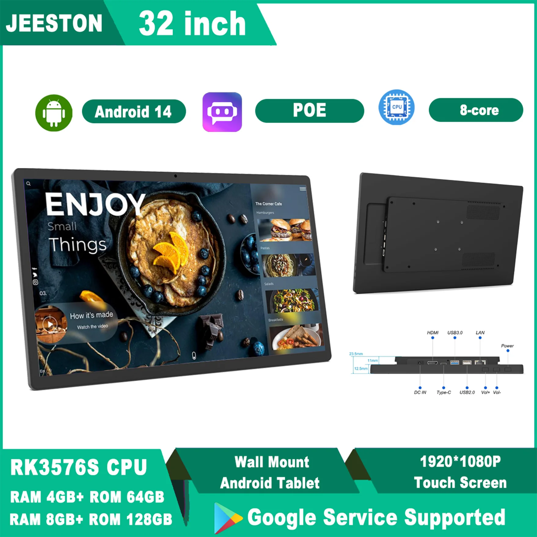 32 Inch Thin Edge Android 14 Tablet POE Wall Mount Touch Screen 1920x1080 IPS HDMI Input WiFi6 8MP Camera Digital Signage