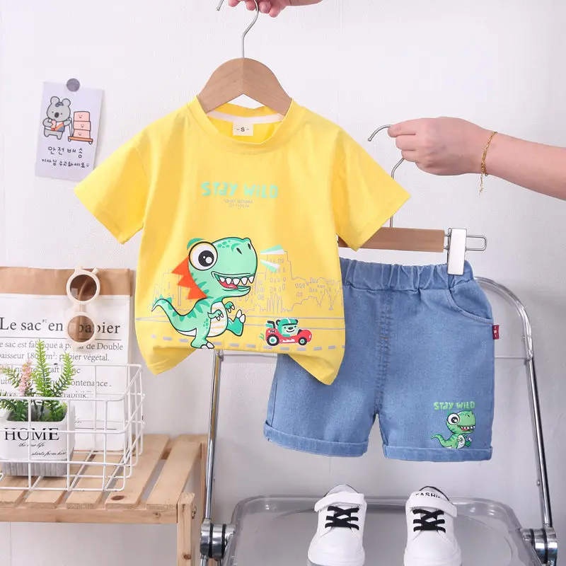 New Kids Cartoon Car Outfit Dinosaur T-shirt Shorts 2Pcs/Set New Fashion Baby Boys Girl Clothing Children Tracksuits 0-5 Years