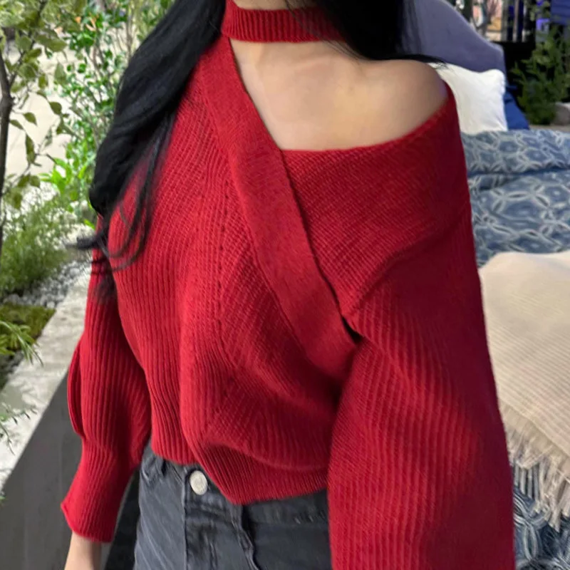 

Irregular slanted collar hanging neck lantern sleeve sweater Korean version lazy loose short style knitted top for women