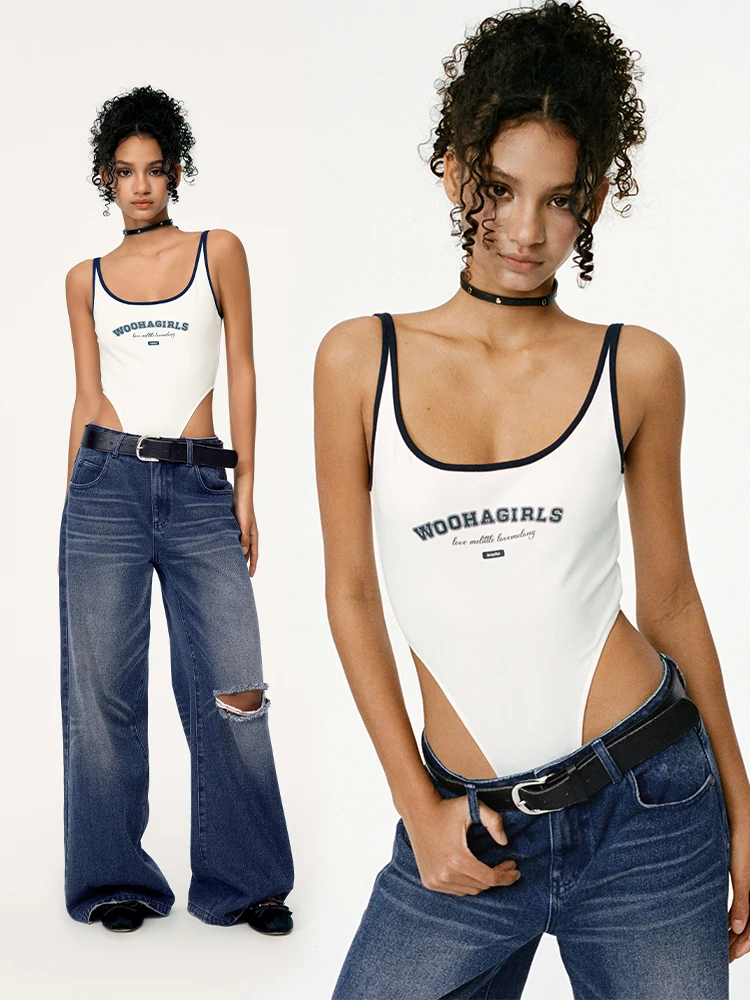 

WooHa Summer New American Retro Spicy Girl One-Piece Bal Strap Vest Sweet Sle Slim Fit Cotton Polyester Blend Vest