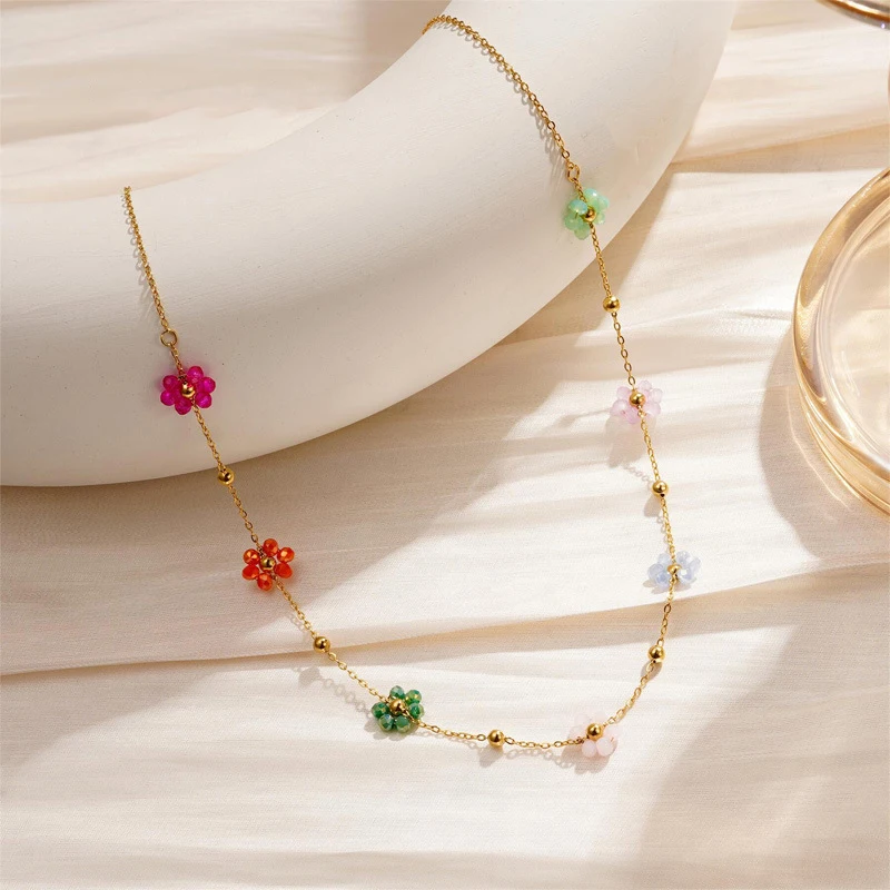 Gold Plated Stainless Steel Waterproof Necklace Bracelet Set Colorful Artificial Crystal Flower Chain Jewelry Set for Women Gift