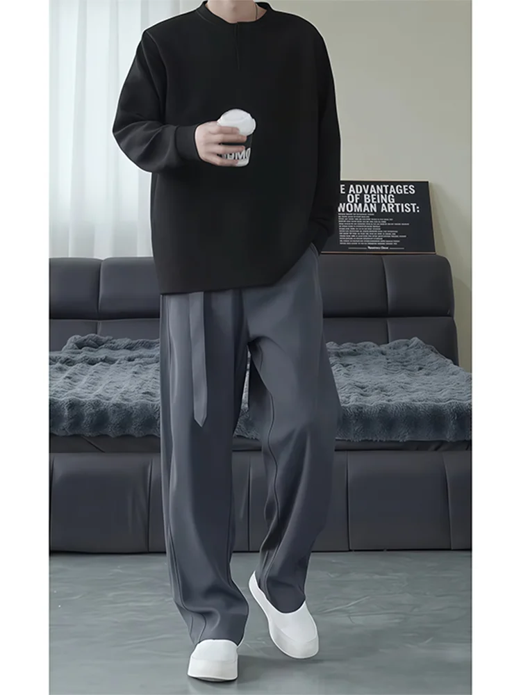 Gray Waist Design Loose Trousers Men's CleanFit Premium Feel Slash Loose Heavyweight Suit Pants Iron-Free Treatment Casual Wear