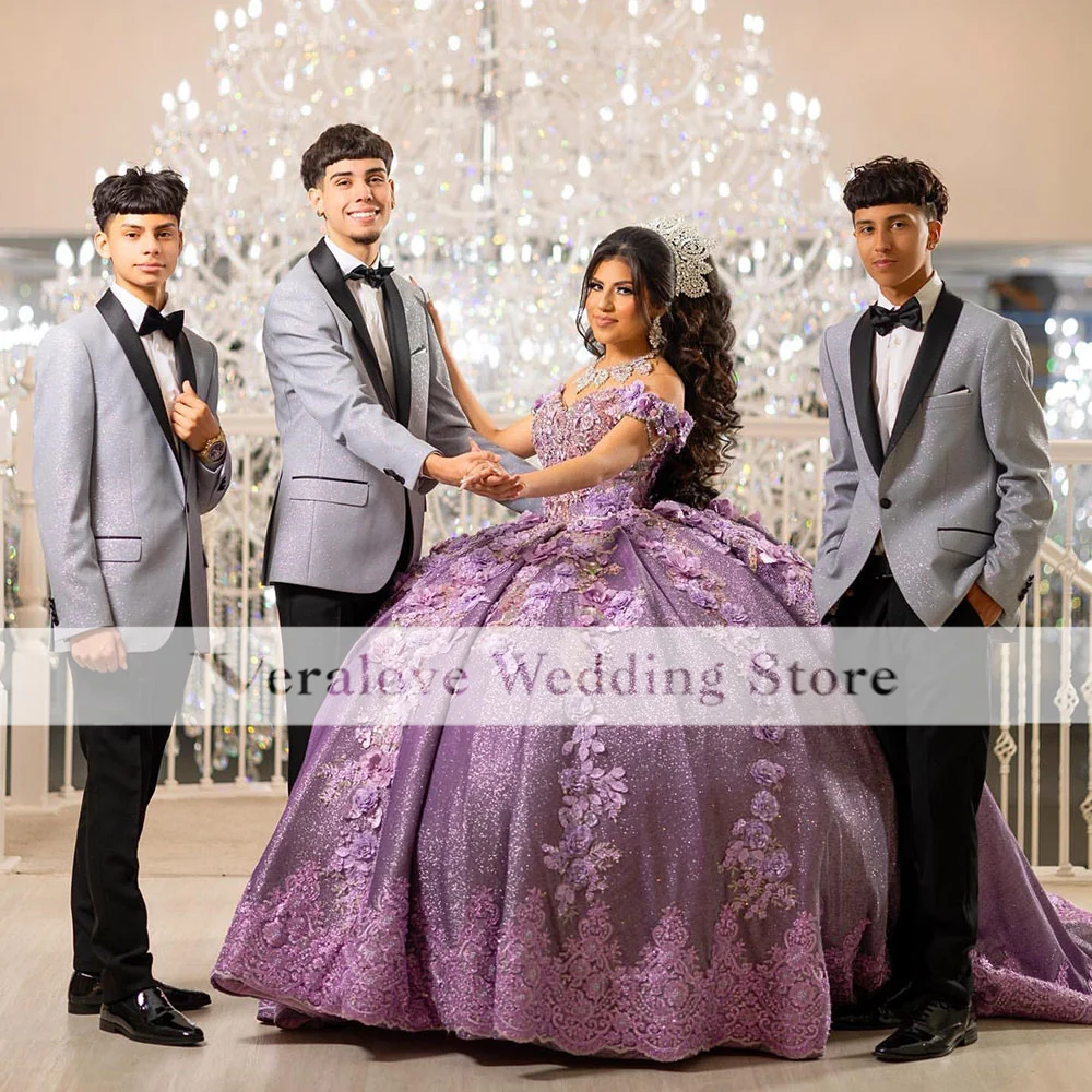 Shinny Purple Vestidos De 15 Años Quinceanera Dresses With Warp Off Shoulder Sequin Appliques Mexican Girls Birthday Party Dress