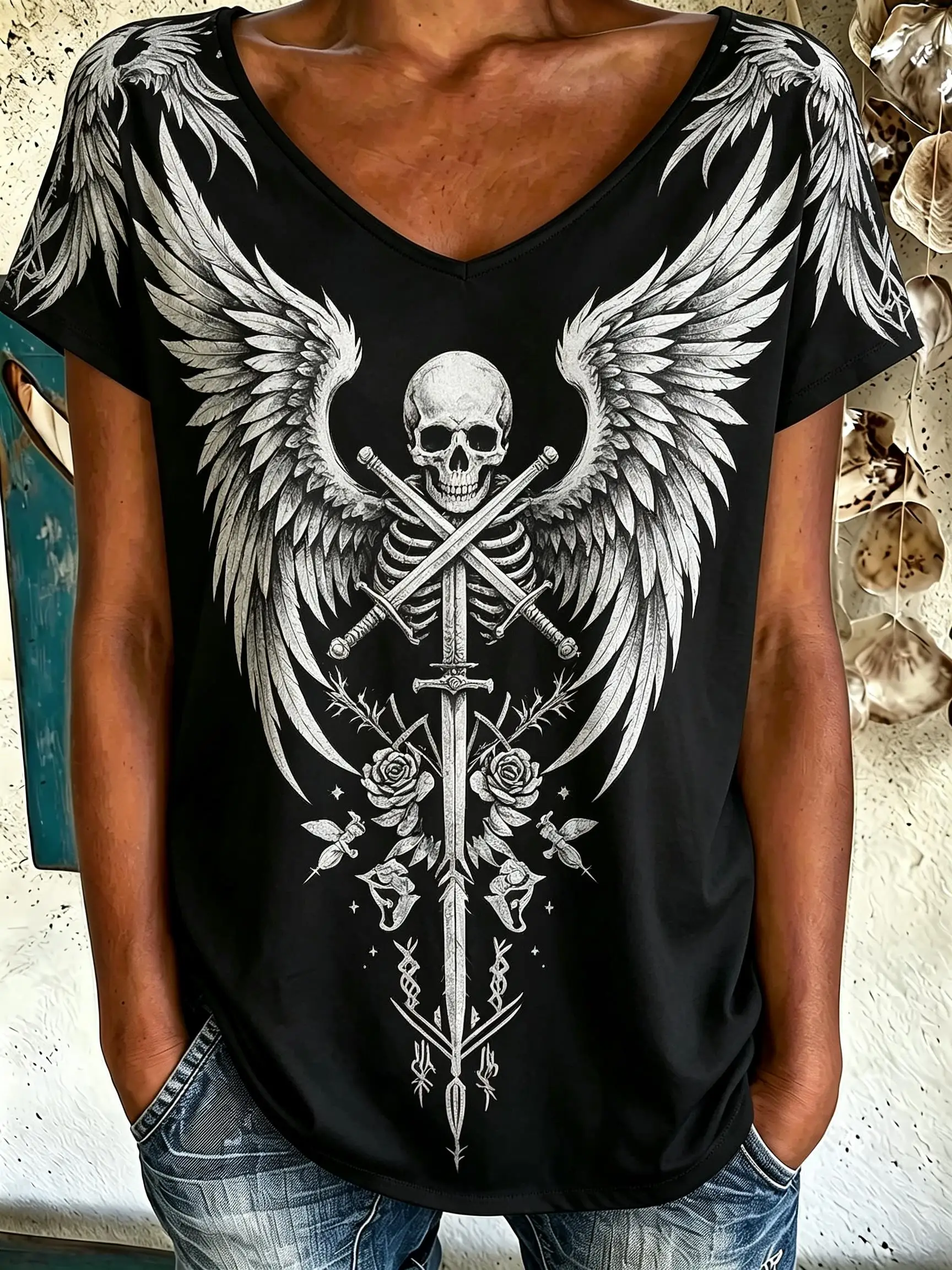 Women V‑Neck Short Sleeve T‑Shirt Gothic Graphic Print Tees Skull Wing Sword Witch Magic Symbol Casual Loose Halloween Tops