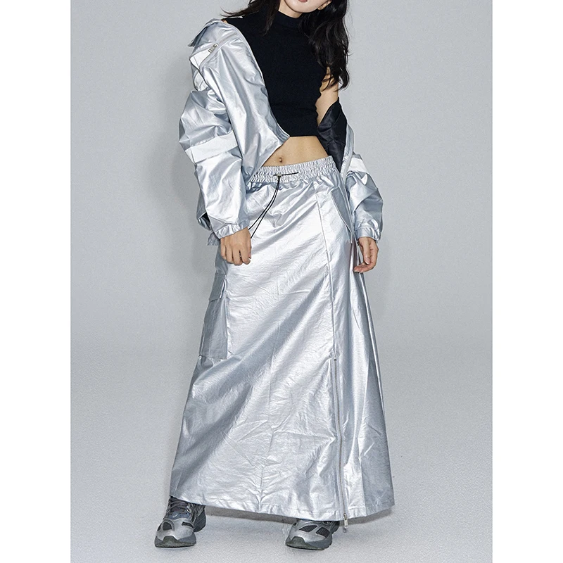 

Women Silvery Metal Feeling Streetwear Fashion Vintage Casual Skirts Female It Gril Net Celebrity Modeling Ladies Long Skirts