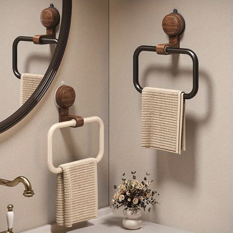 Vintage Handtuchring aus Walnussholz mit Saugnapfbefestigung, bohrfreier Wandmontage-Handtuchhalter für das Badezimmer, Edelstahlrahmen