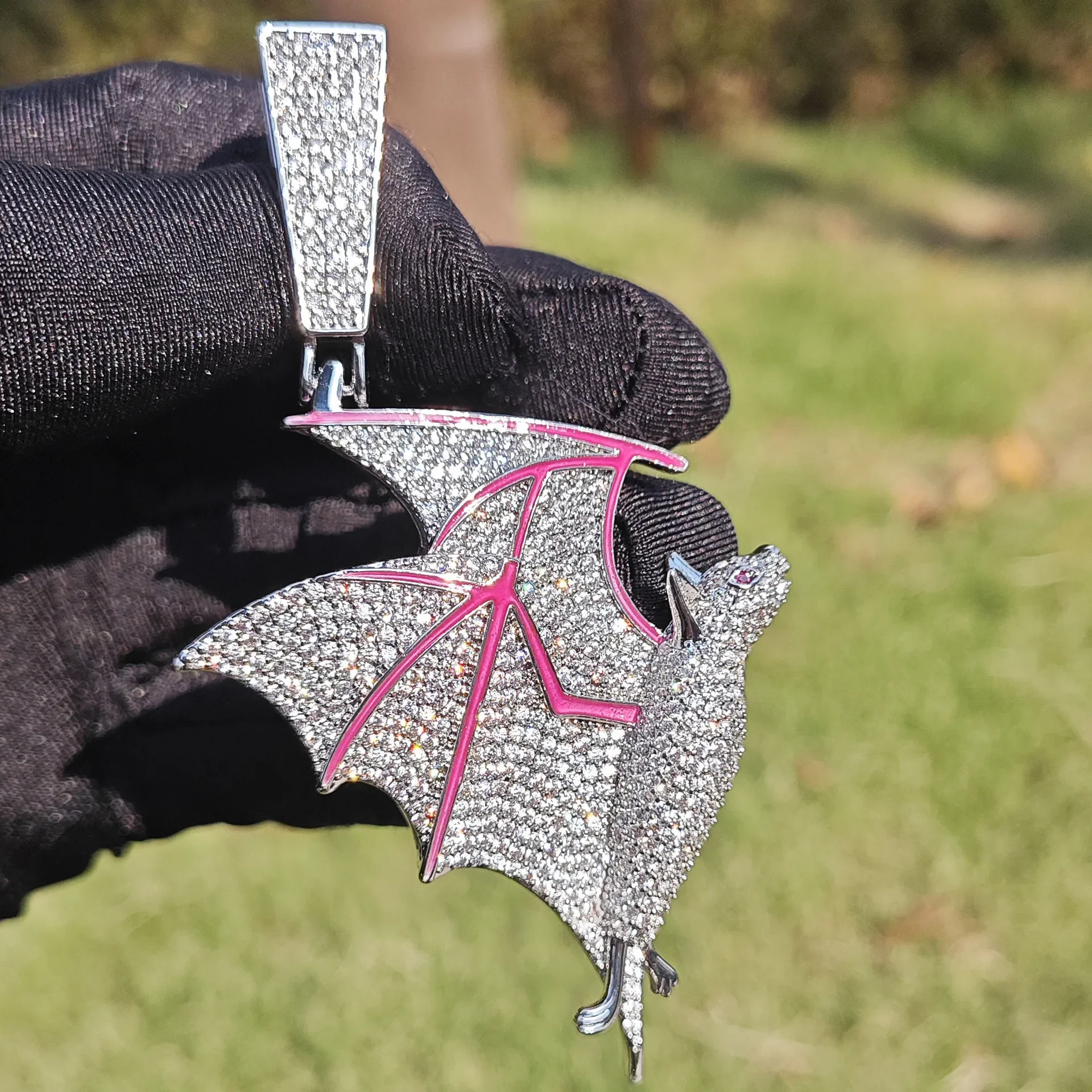 Hip Hop 3A+ CZ Stone Paved Bling Iced Out Luminous Bat Pendant Necklace for Men Women Club Rapper Jewelry Gold Silver Color