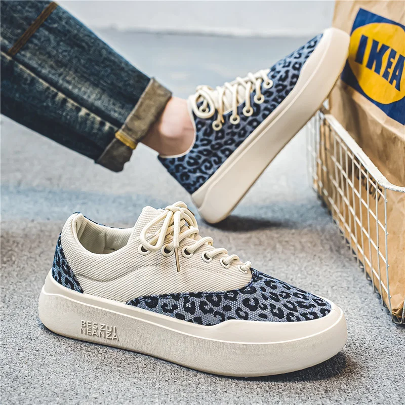 Fashion Trendy Leopard Platform Sneakers Men Chunky Canvas Shoes Men\'s Casual Sneaker Breathable Designer Skateboard Shoes Man