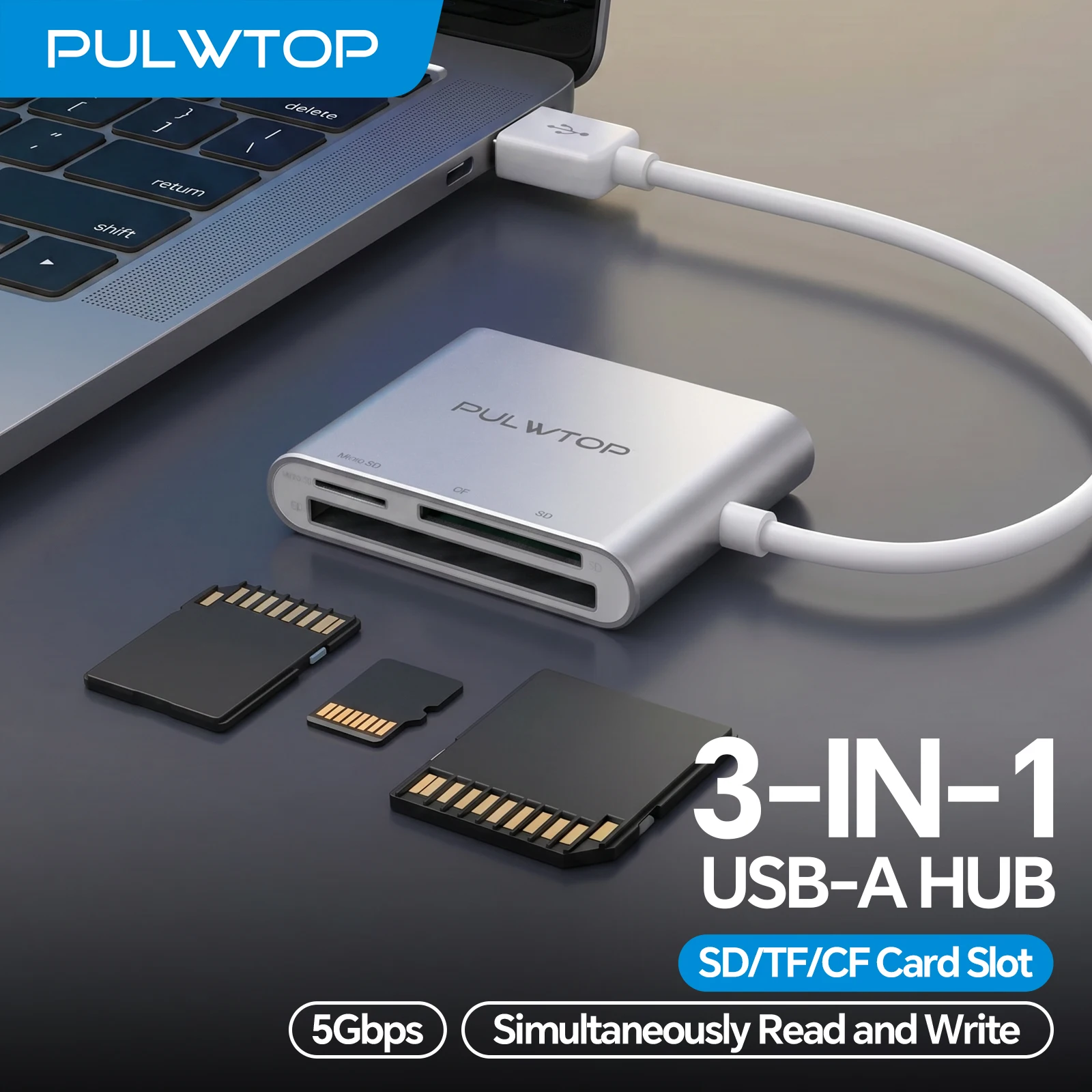 PULWTOP USB 3.0 SD Card Reader, USB-A to MicroSD/SD/CF Adapter, Memory Card Reader for MicroSD, SDHC, SDXC, CF, Plug and Play