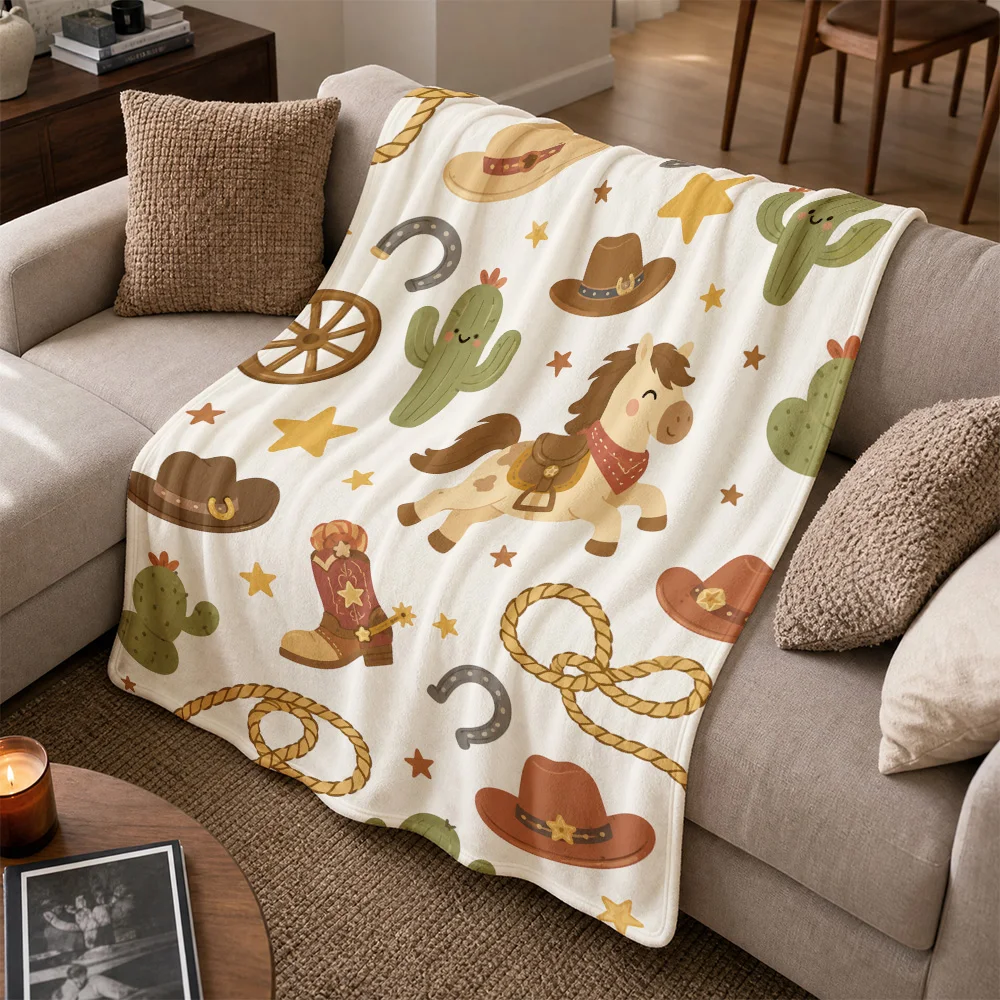 Western Cactus Cowboy Throw Blanket for Sofa Sofa Couch Boho Decor Picnic Fleece Knit Southwest themed Home Decoration Gift