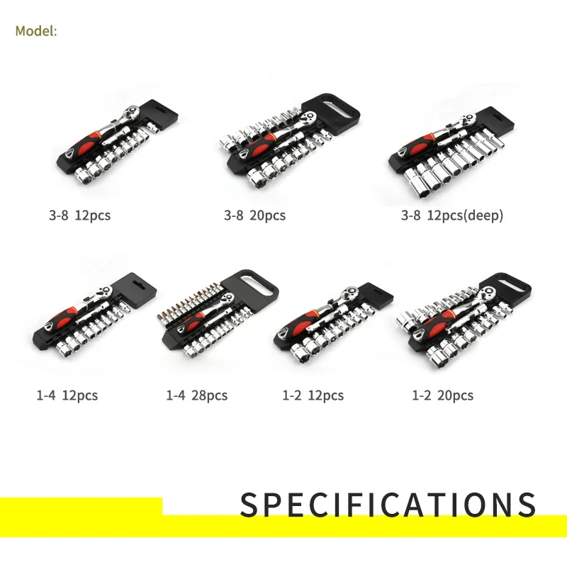 Crv-Jeu de Douilles à Cliquet Réversibles à Dégagement Rapide, Outils avec Face T1 1/4 Pouces, 3/8 Pouces, 1/2 Entraînement, 6.35mm, 10mm, 12.5mm