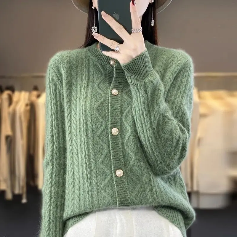 Women Winter Stylish Vintage Twisted Thick Warm Chic Beaded Button Knitted Cardigan Casual O Neck Long Sleeve Loose Sweater Coat