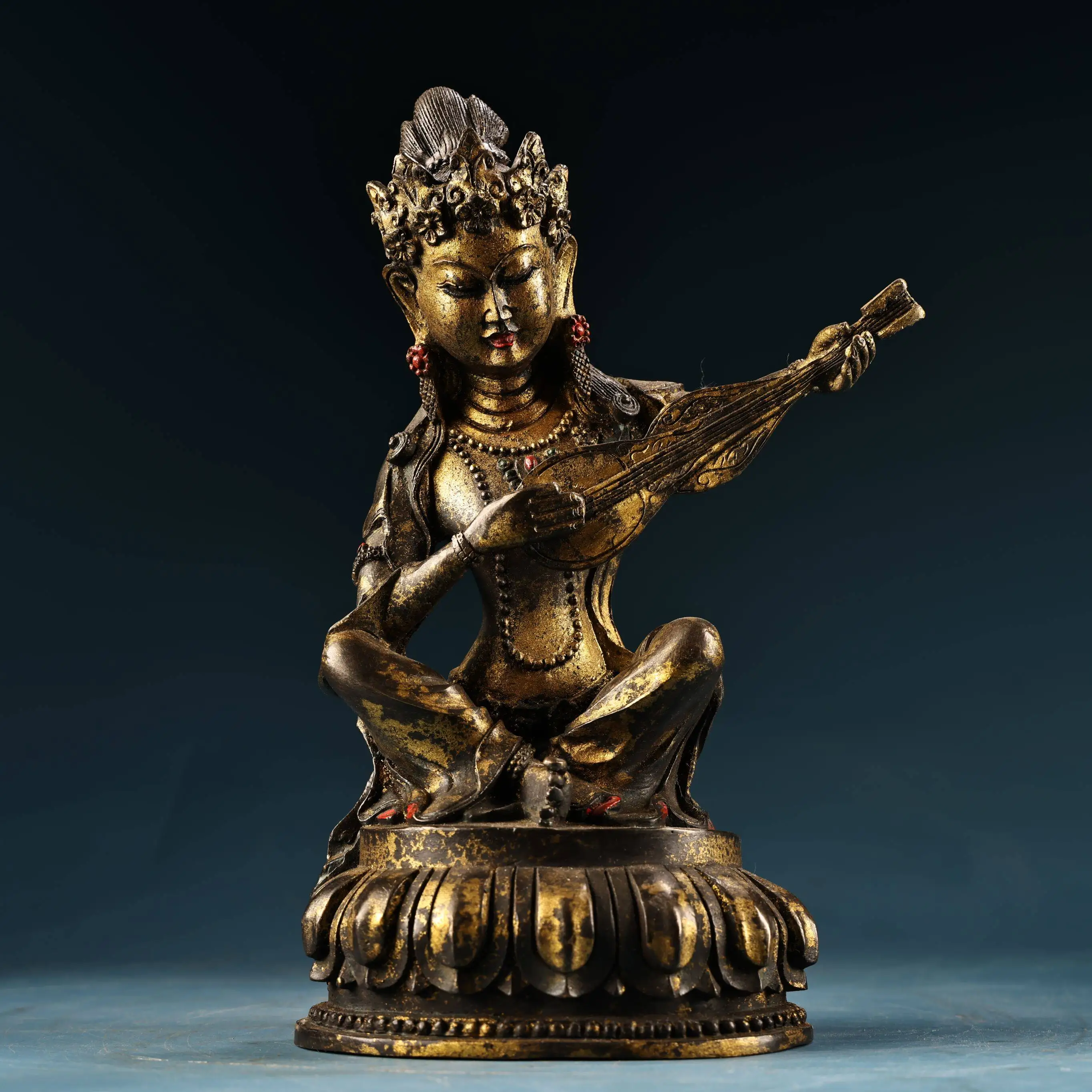 Large Saraswati Wisdom Goddess Brass Tibetan Style Statue with Pipa Home Desk Decor Antique
