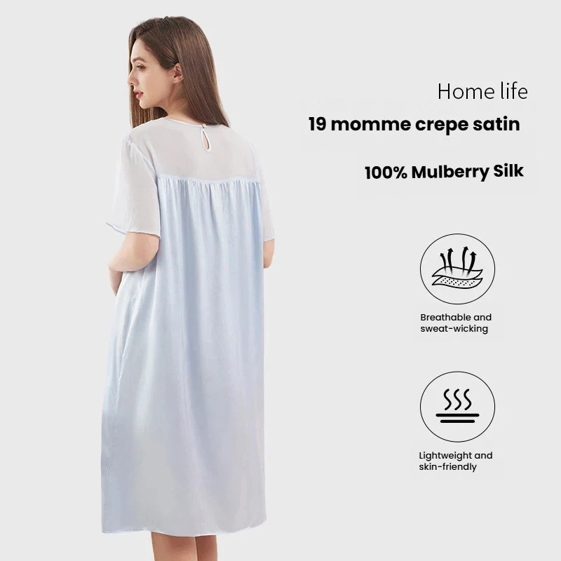 2026 New 100% Mulberry Silk Pajamas Women Short Sleeve Nightdress Soft Breathable Luxury Sleepwear Mid-Length Loungewear
