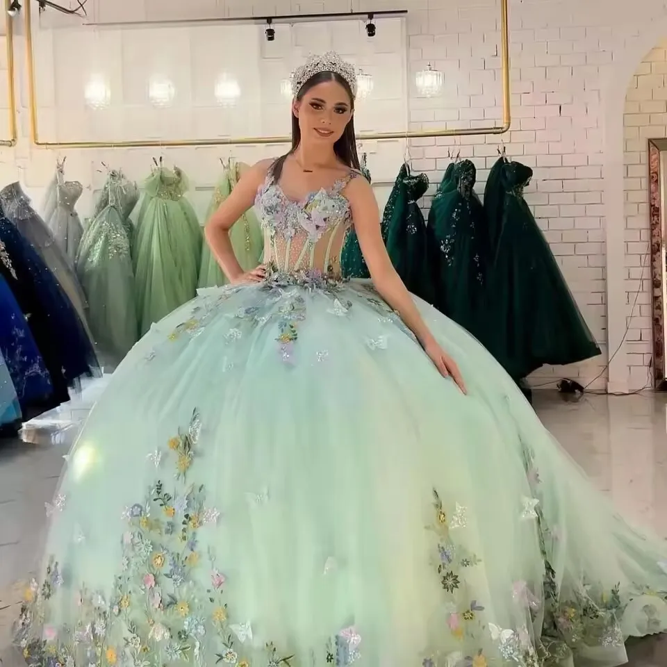 

Мятно-зеленые кружевные платья принцессы Quinceanera для девочек с аппликациями без рукавов и рюшами Vestido De 15, Quinceaneras Morado по индивидуальному заказу