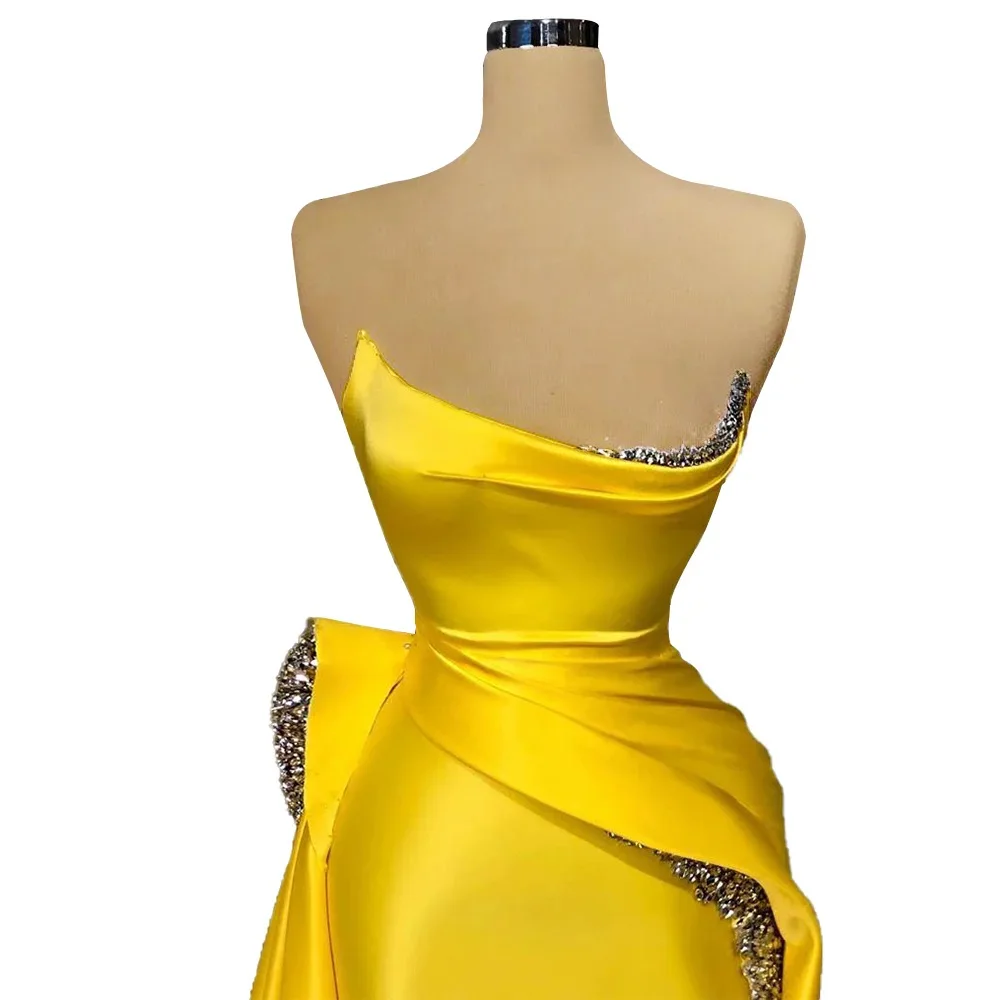 Robe De Soiree Yellow Beaded Strapless Mermaid Evening Dresses Ruched Satin Prom Party Gowns