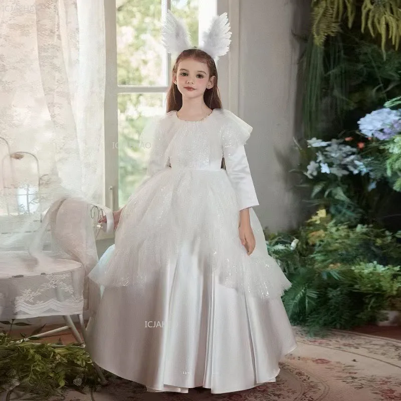 

2026 Girls White Flower Girl Children Long Sleeve Princess Ball Piano Performance Formal Dress Gown for Halloween Kids Birthday