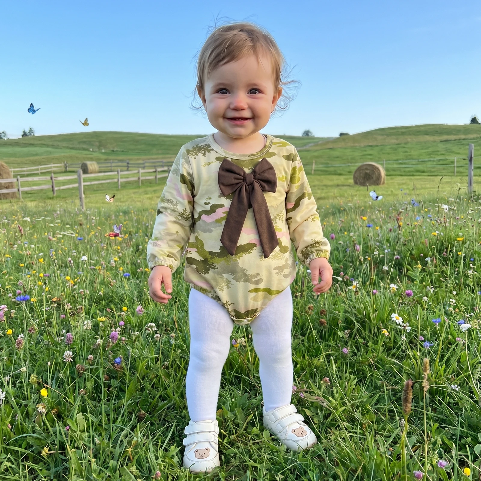 Baby Girls Fall Romper Fashionable Bow Decor Crew Neck Long Sleeve Camouflage Jumpsuit