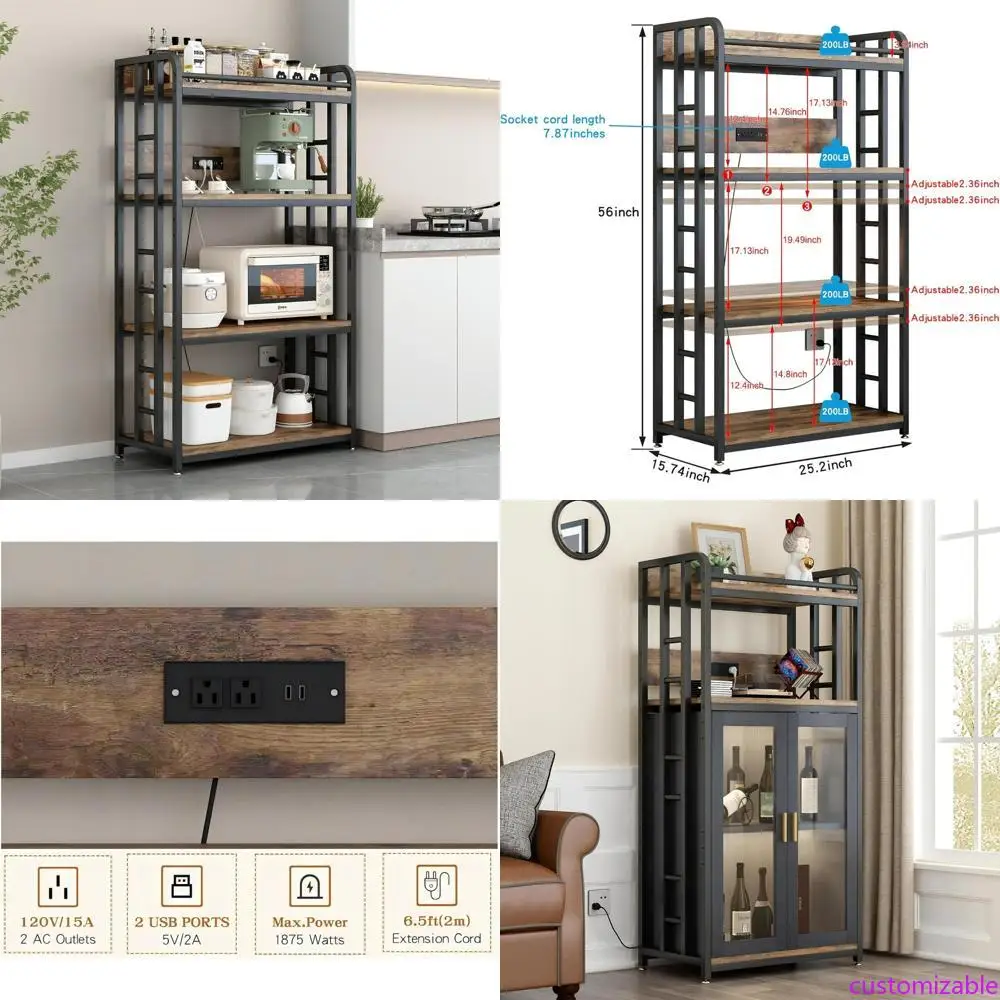 

4-уровневая кухонная подставка для пекаря со встроенной розеткой и промышленных роликами, компактная тележка для микроволновой печи