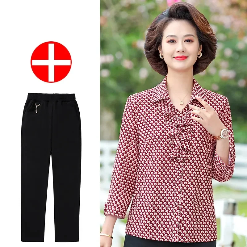 

Summer Lady Ice Silk Printing Shirts 2PCS 2025 Middle Aged Mother Large Size 4XL Blouse Suit Korean Women Fashion Lapel Blouse