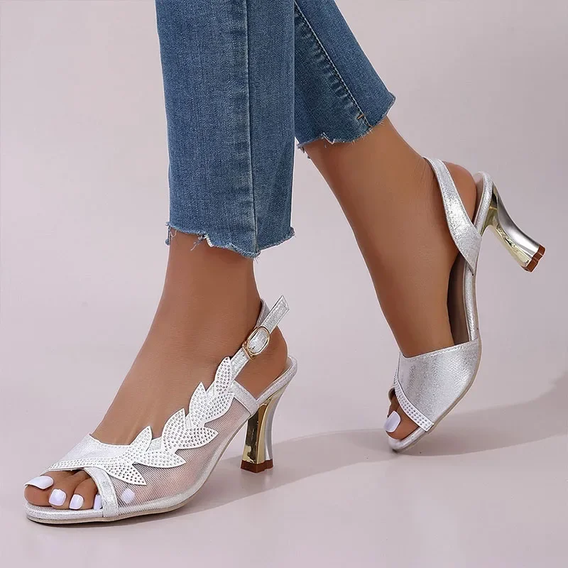 الصيف عالية الكعب النساء اللمحة تو الصنادل مثير Slingback Stiletto الكعوب سيدة فاخرة شبكة مرصعة بأحجار الراين النسيج والصنادل الجلدية