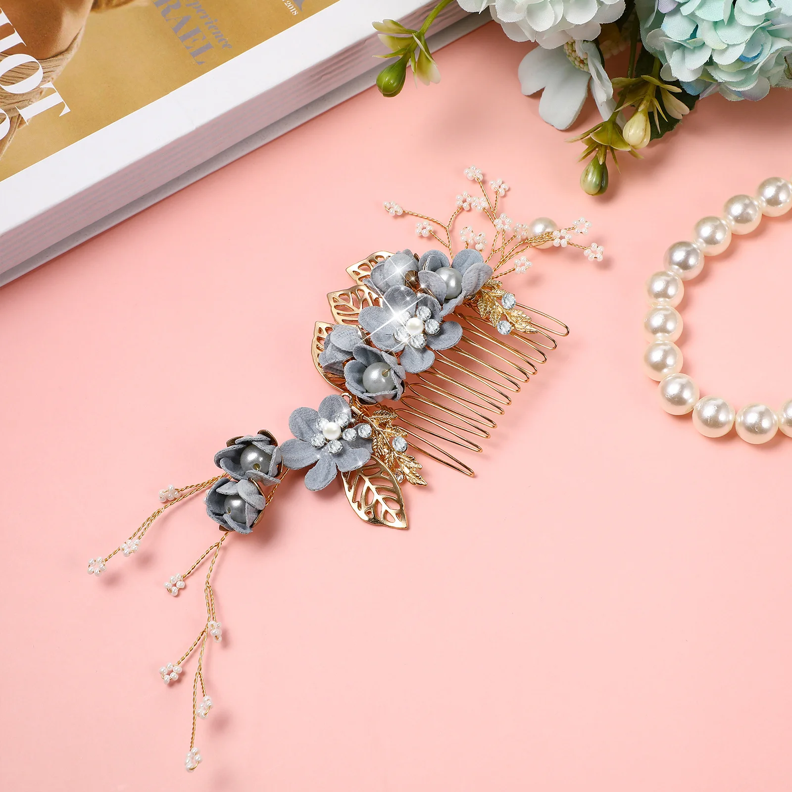 

Wedding Accessories Bridal Rhinestone Hair Comb Artificial Flower Headdress Bride Hair Decor Veil Matching Comfortable Design