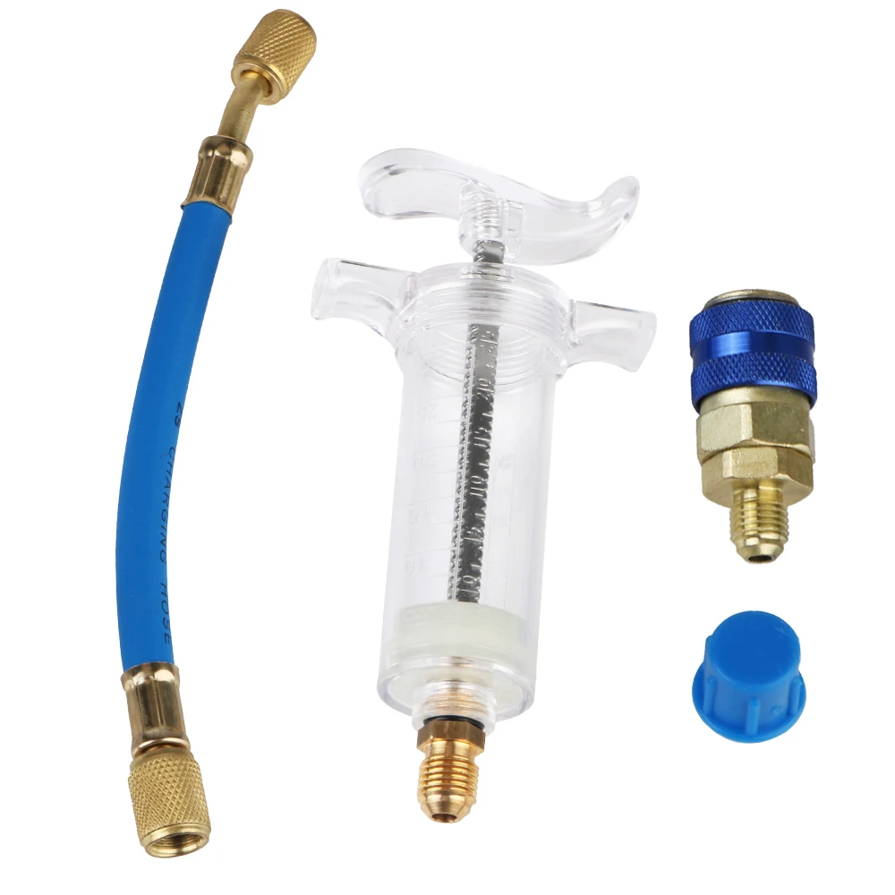 

30ml 1oz Recharge Hose Quick Coupler Car Air Conditioning Refrigerant Injector 1/4" SAE Adapter AC Coolant Charging Set