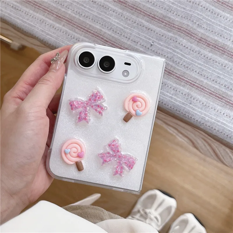 Korean Cute 3D Lollipop Bowknot Glitter Phone Cases For iPhone Duo 18 Ultra 2026 Fold 18Fold Clear Shockproof Protect Hard Shell
