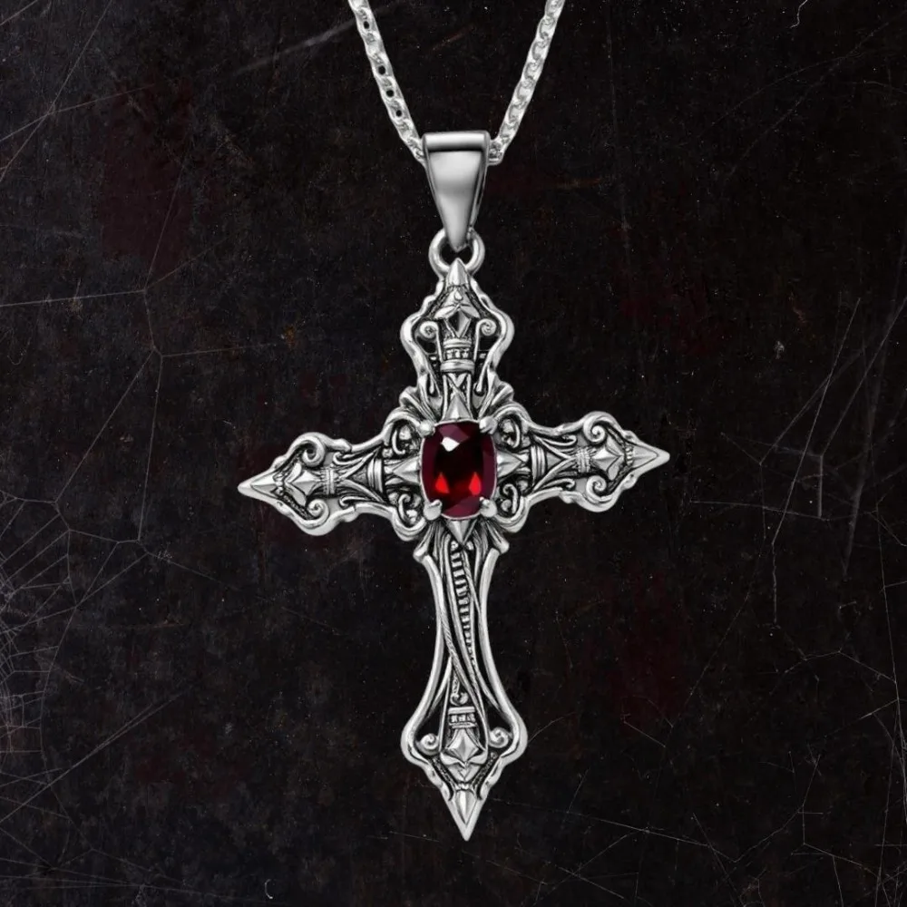Gothic Punk Silver Color Relief Pattern Cross Inlay Red Rhinestone Pendant Necklace for Women Street Hip-hop Choker Jewelry Gift