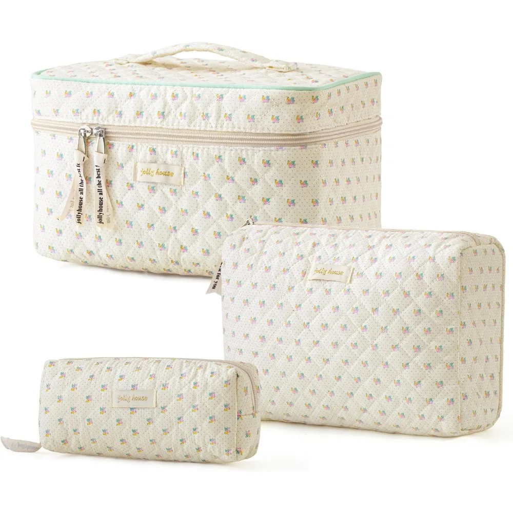 Quilted Makeup Bag Set of 3 Large Travel Cosmetic Bags Cute Floral Coquette Design Toiletry Pouch for Women Girls
