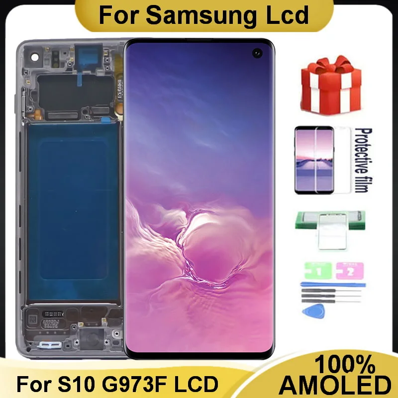 

100% 6,1 ''SUPER AMOLED ЖК-дисплей для SAMSUNG Galaxy S10 G973 G973U SM-G973F/DS с рамкой дисплей сенсорный экран дигитайзер в сборе