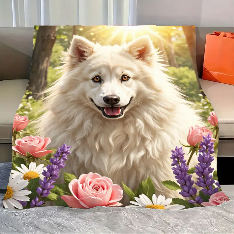 

1pc Flannel Blanket Fluffy White Dog with Roses and Lavender Print Cozy Blanket