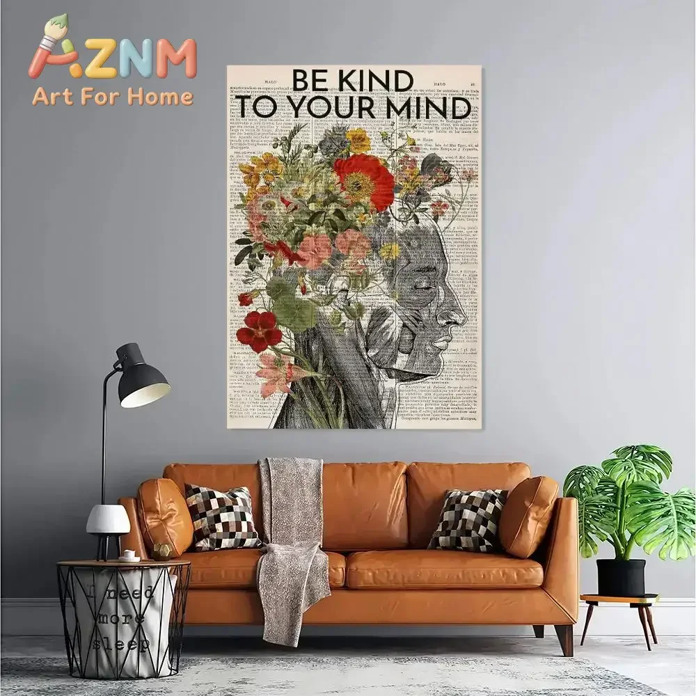 AZNM Be Kind To Your Mind Canvas Wall Art, Vintage Floral Human Brain Anatomy Print Poster, Unframed Canvas Painting for Office