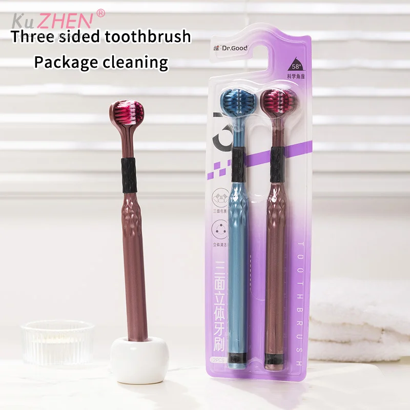 Soft Bristle 3D Triple Head Toothbrush For Adults With Tongue Scraper Home Care Manual Brush