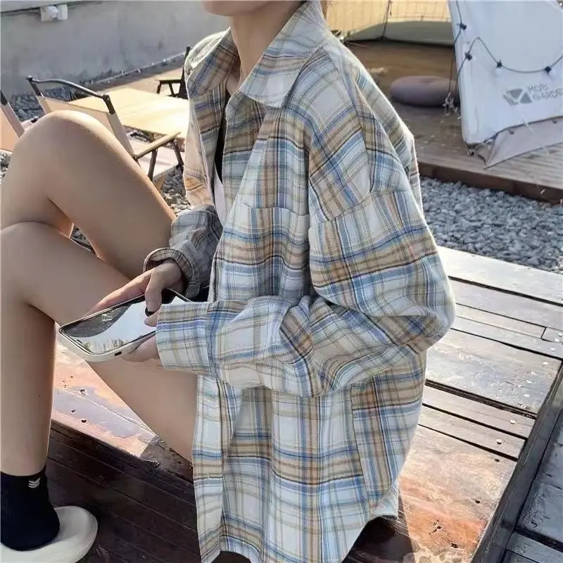 

Plaid Long Sve irt Loose Fit Sun Protection Outerwear Early Autumn Faionable Small Size Top for Students American Retr...