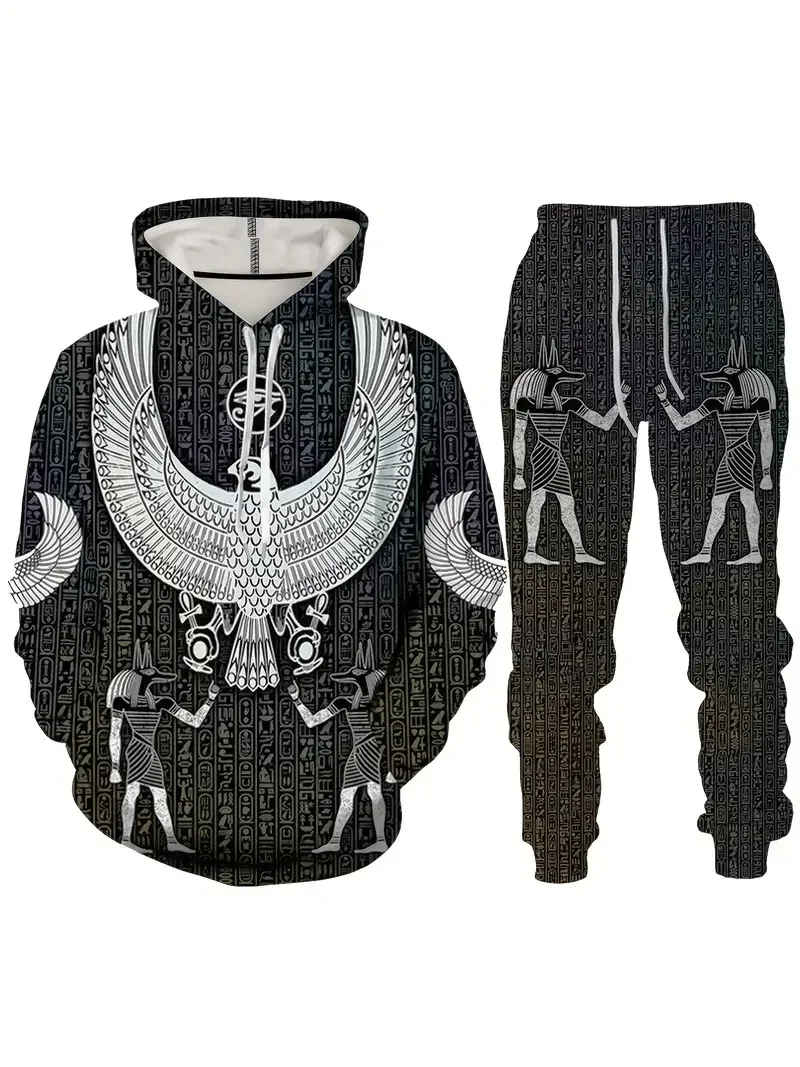 

Men's Ethnic Style Hoodie 2-Piece Outfits 3D Eye of Horus Print Hooded Sweatshirt Pants Set Fall/Winter Oversized Men's Clothing