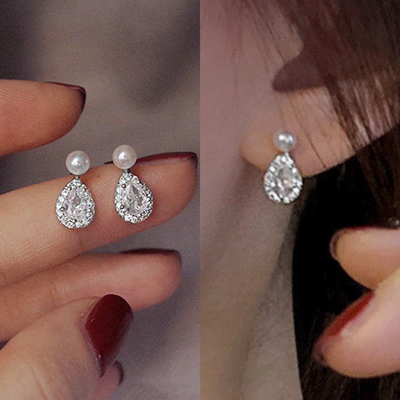 Huitan Zierliche Birnen-Zirkonia-Ohrringe für Damen, silberfarben, romantische Imitationsperlen-Ohrringe, Alltagskleidung, eleganter Schmuck