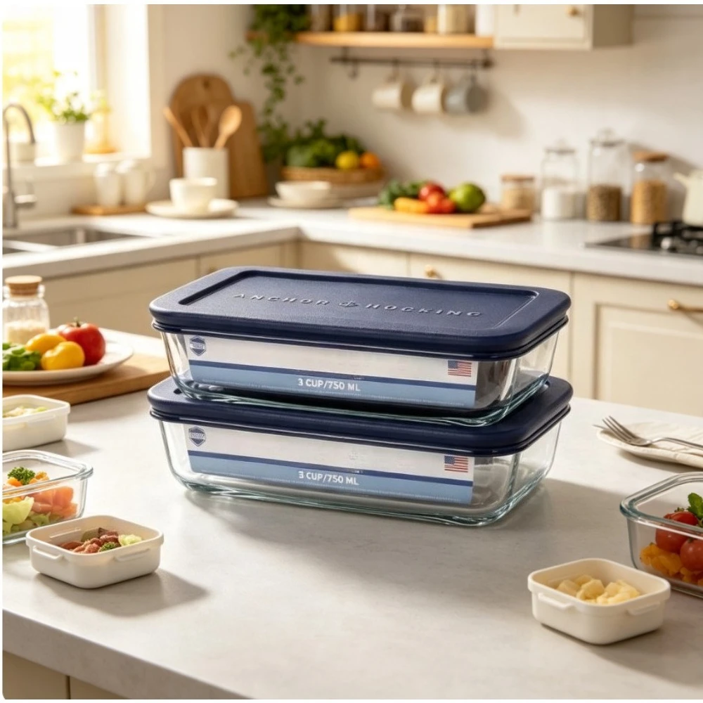 Food Storage Glass Set - Glazen voedselbewaarcontainers met deksels, rechthoekig, 3