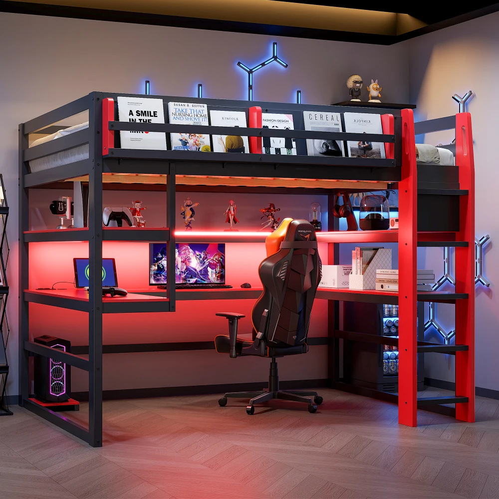 

Full Size Wood Loft Bed with Desk,Side storage rack,Multi-storage Shelves and RGB Light,Red