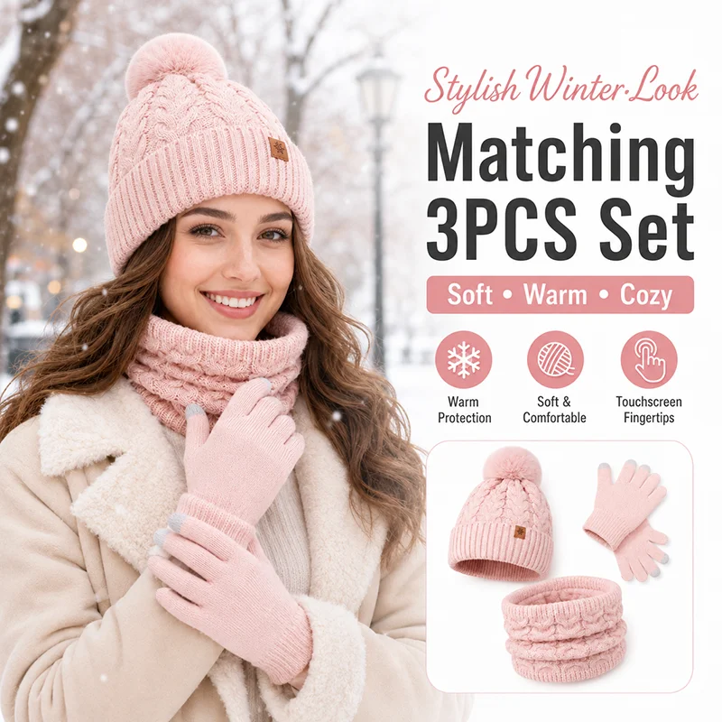Women's Winter 3PCS Knit Hat Scarf Gloves Set Soft Acrylic Pom Pom Beanie Warm Neck Warmer Touchscreen Gloves Winter Accessories