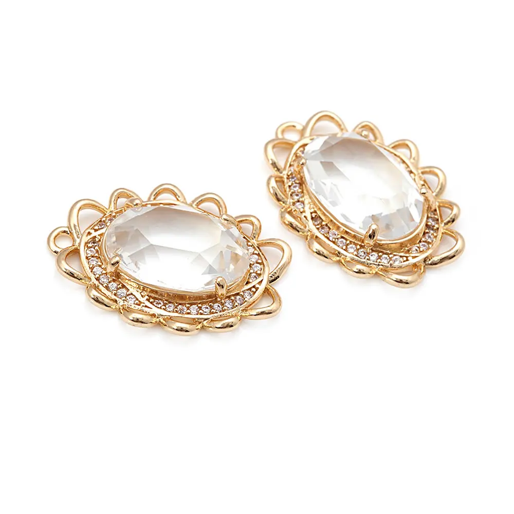 18K Gold Color Brass Zircon Glass Oval Shape Connect Charms Pendants High Quality Diy Jewelry Accessories Making Materials