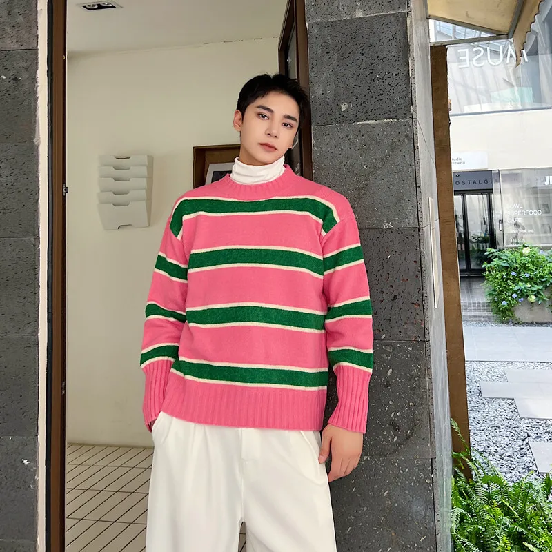 Korean Style Men's Sweaters Casual Round Collar Striped Loose Pullover Tops New Trendy Male Knits 2024 Winter