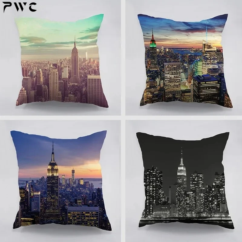 

New York City View Dawn Pattern Cotton Cushion Cover For Home Car Couch Empire State Building Design Dark Night Pillw Case