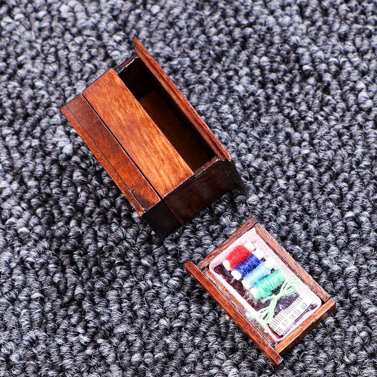 Miniature Wooden Sewing Box Retro Aesthetic Mini House Furniture Decor Creative Chic Accessory for Dollhouse Miniature Scene