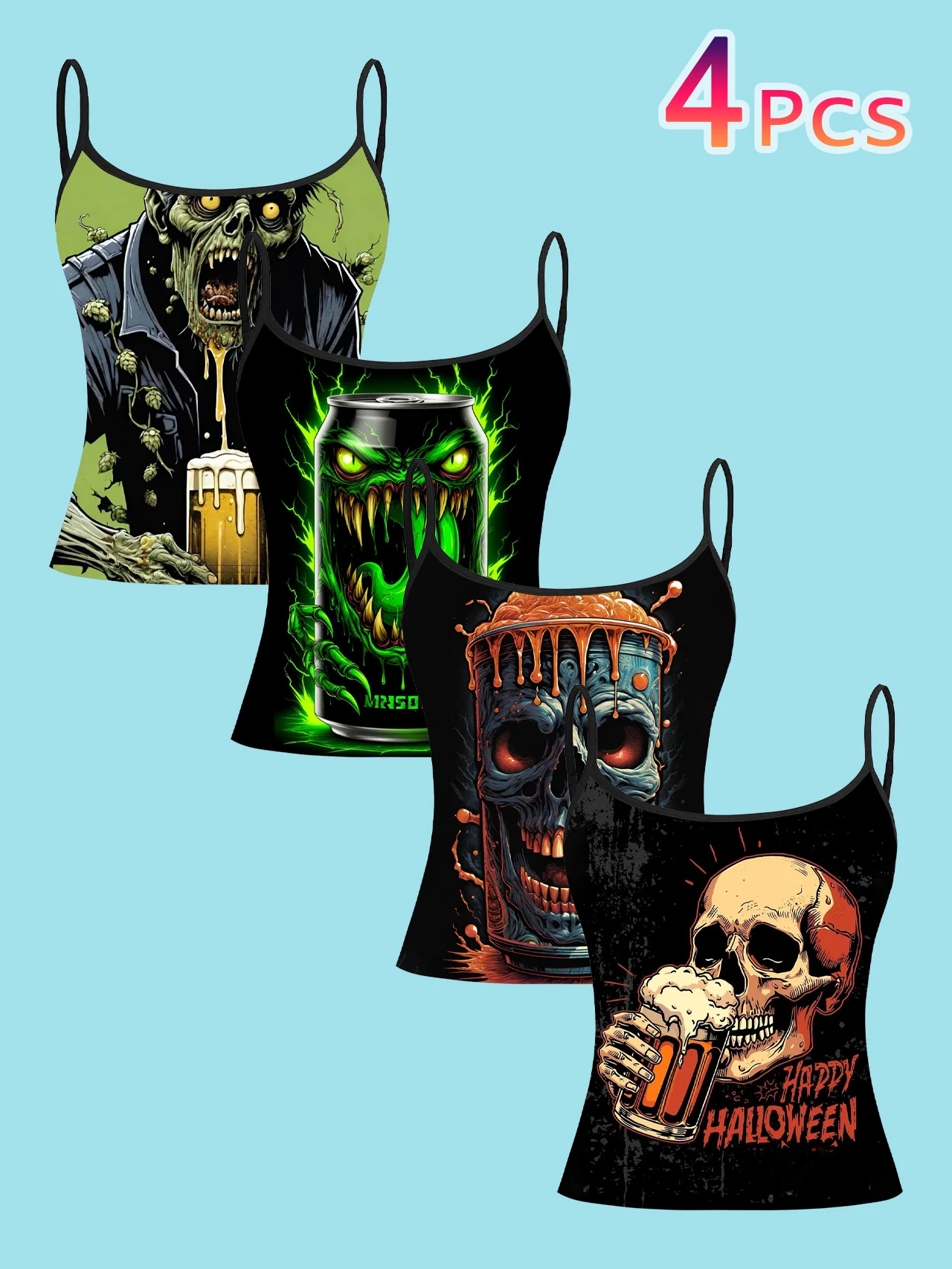4-Piece Set of Halloween Horror Skeleton Zombie Women's Camisoles, Monster Can-Shaped Beer Dark Print Slim-Fit Spaghetti Strap Short Camisole Tops