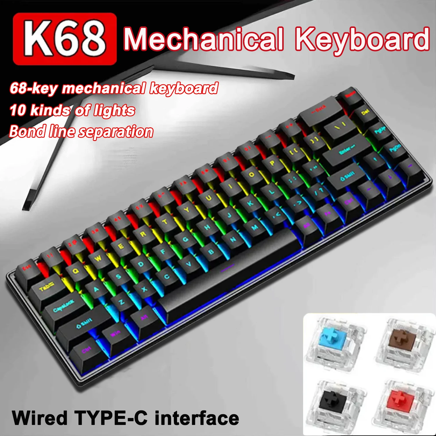 

K68 68Key Wired Mechanical Keyboard Tri-mode Connection,Full Key Hot Swap,RGB lighting Effects,Gasket Muffler Structure