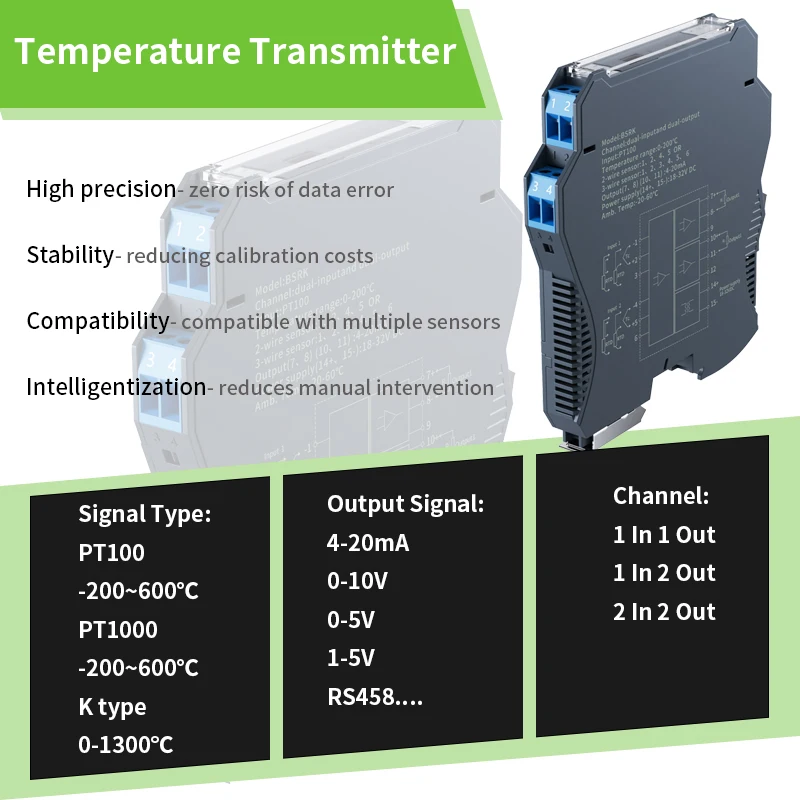 

PT100 Temperature Transmitter 0-100℃ 0-200℃ PT100 Temperature Sensor 4-20mA 0-10V 0-5V RS485 PT100 Temperature Transducer