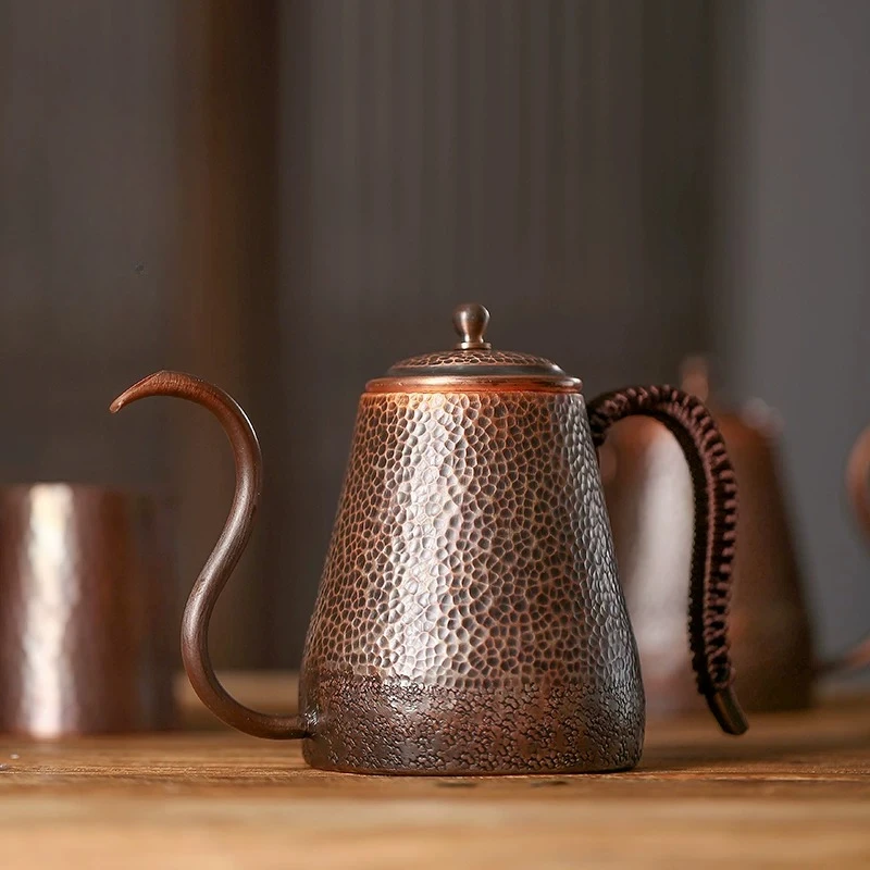 Vintage Pure Copper Coffee Pot,Hammer Texture Portable 550 Ml Heat Resistant Copper Kettle, Handcrafted Curved Swan Neck Teapot