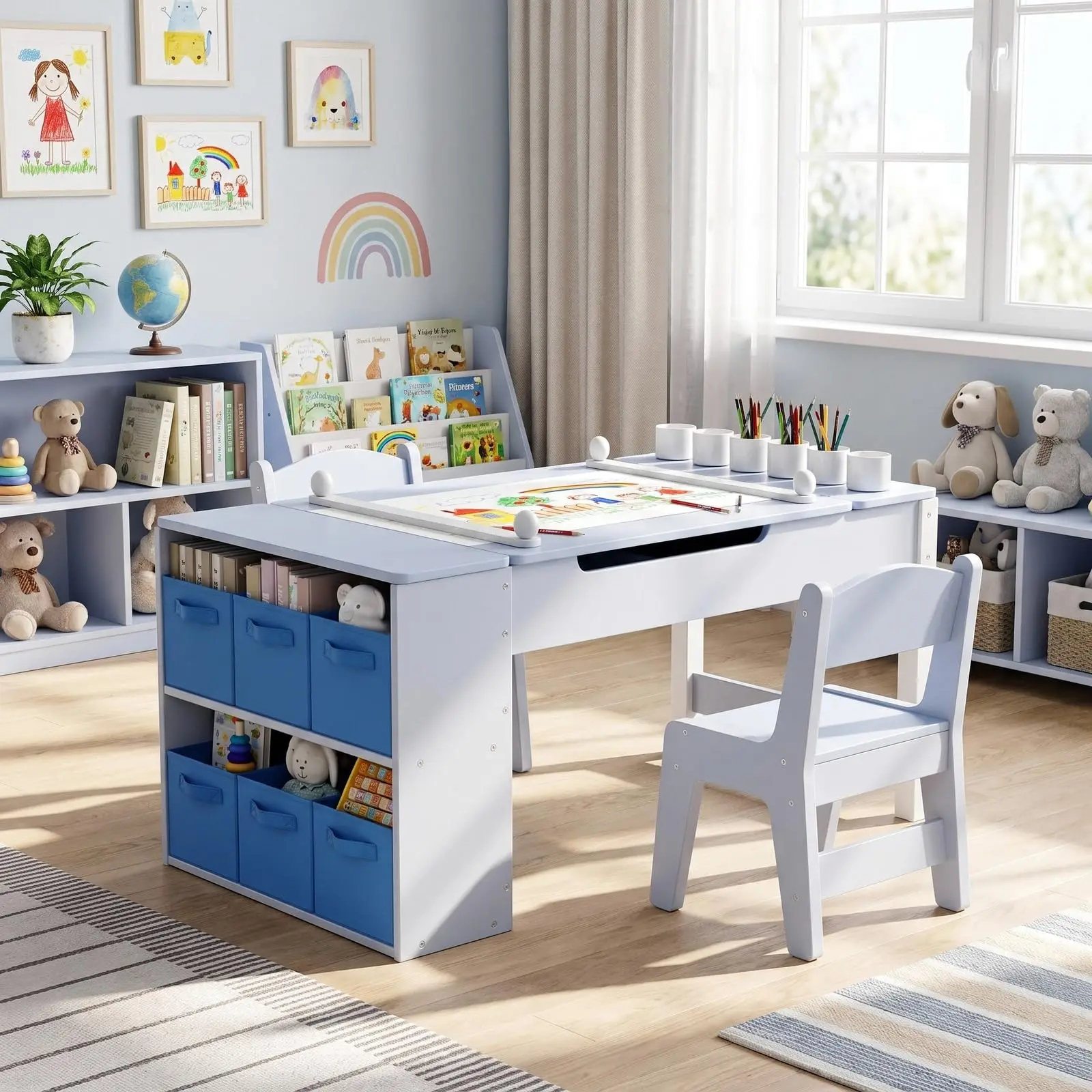 3 in 1 Art Table and Chair Set, Toddler Wooden Activity/Craft Table, Large Size Desk with 2 Chairs and Art Easel, 6
