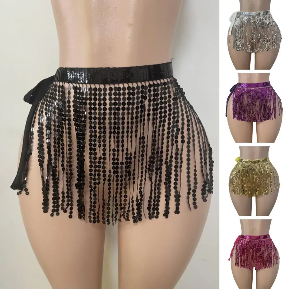 Яркая цветная юбка на шнуровке с блестками и кисточками, юбка для танца живота с запахом для рейв-фестивального наряда, клубная одежда для вечеринок для женщин